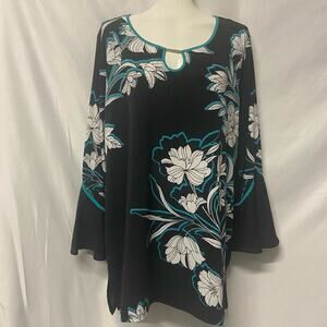 JM Collection Top Pullover Blouse Sequin XL Black Teal Floral